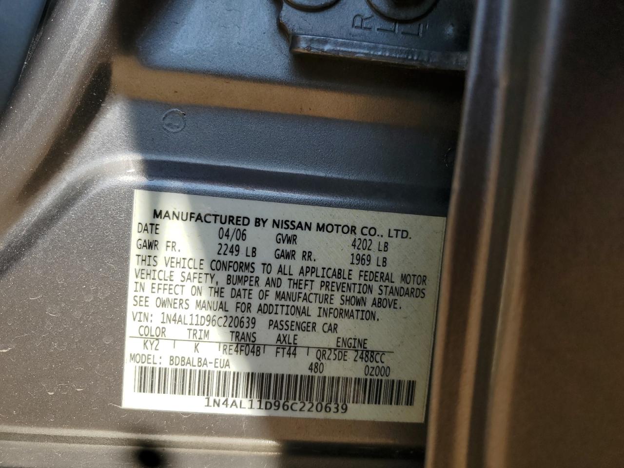 2006 Nissan Altima S VIN: 1N4AL11D96C220639 Lot: 84620315