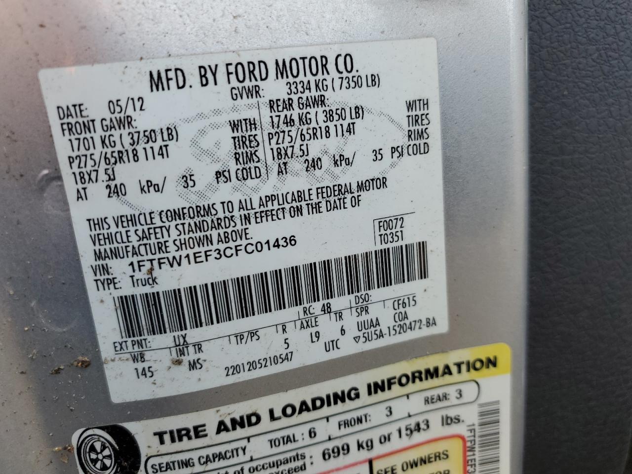 2012 Ford F150 Supercrew VIN: 1FTFW1EF3CFC01436 Lot: 80071945