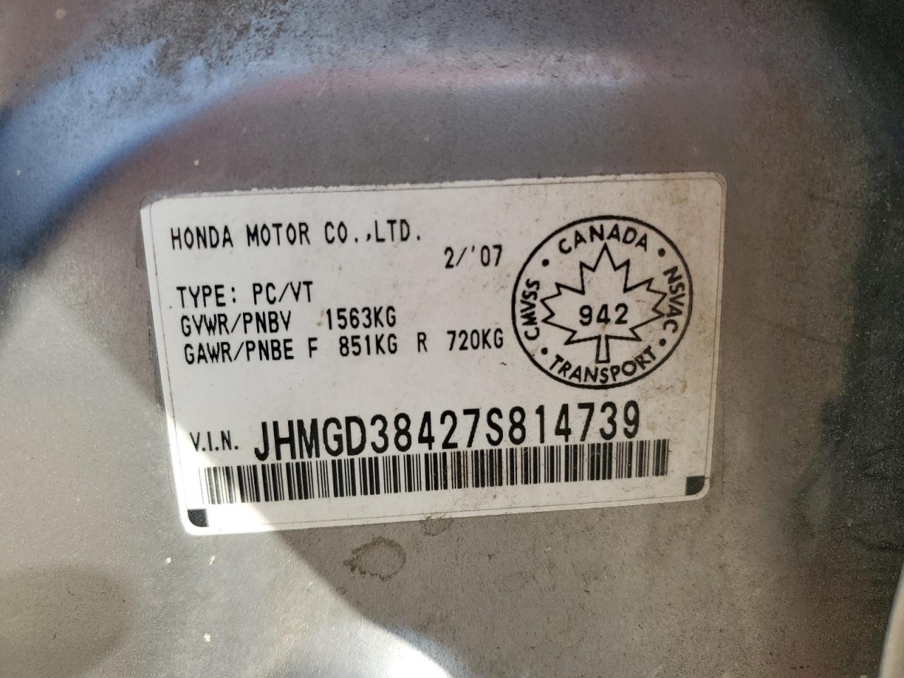 2007 Honda Fit VIN: JHMGD38427S814739 Lot: 80030605