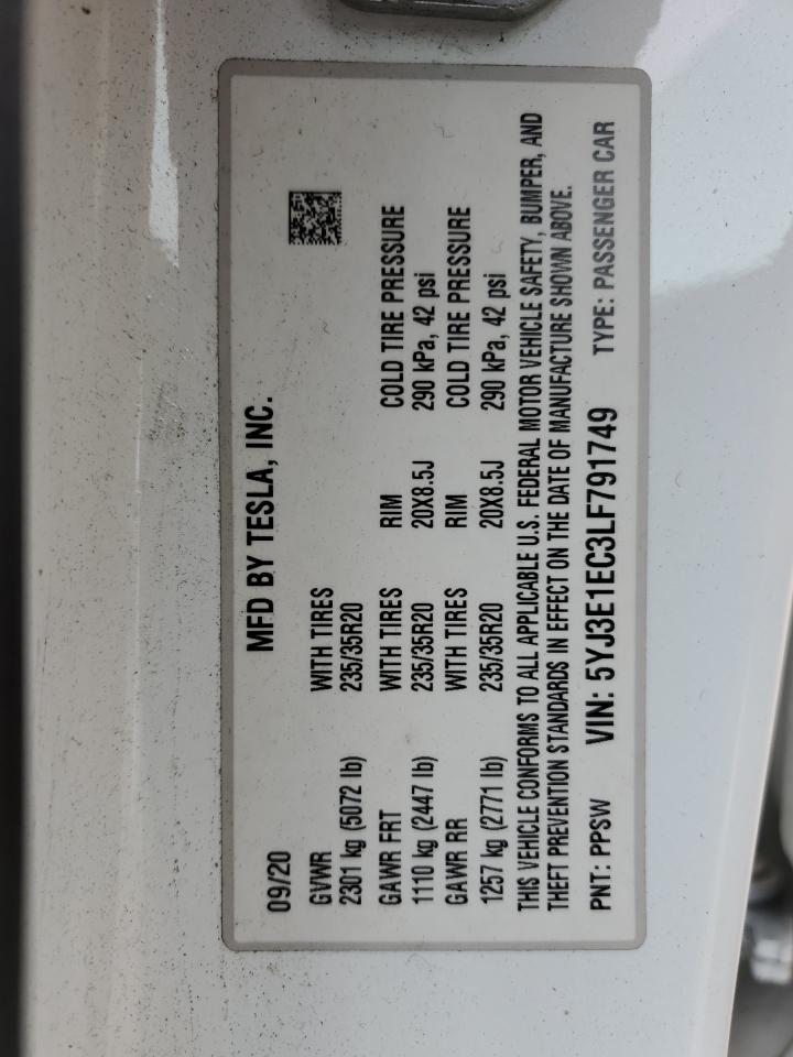 2020 Tesla Model 3 VIN: 5YJ3E1EC3LF791749 Lot: 83850655