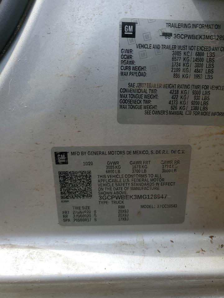 2021 Chevrolet Silverado C1500 Custom VIN: 3GCPWBEK3MG128947 Lot: 70500655