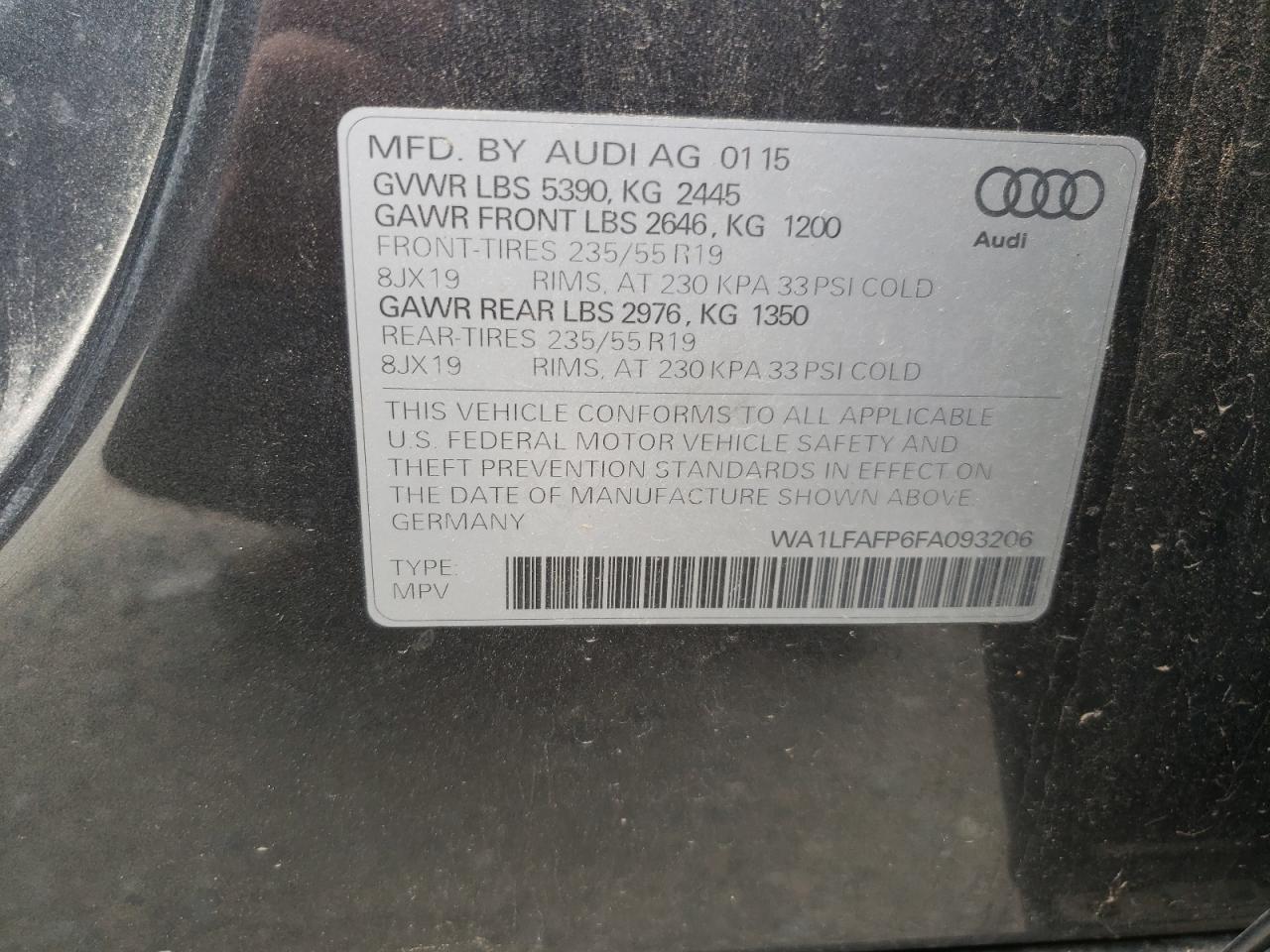 2015 Audi Q5 Premium Plus VIN: WA1LFAFP6FA093206 Lot: 83959615