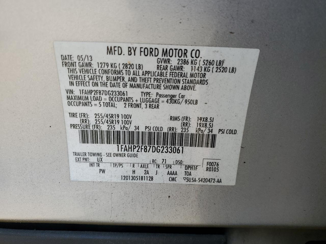 2013 Ford Taurus Limited VIN: 1FAHP2F87DG233061 Lot: 71728095