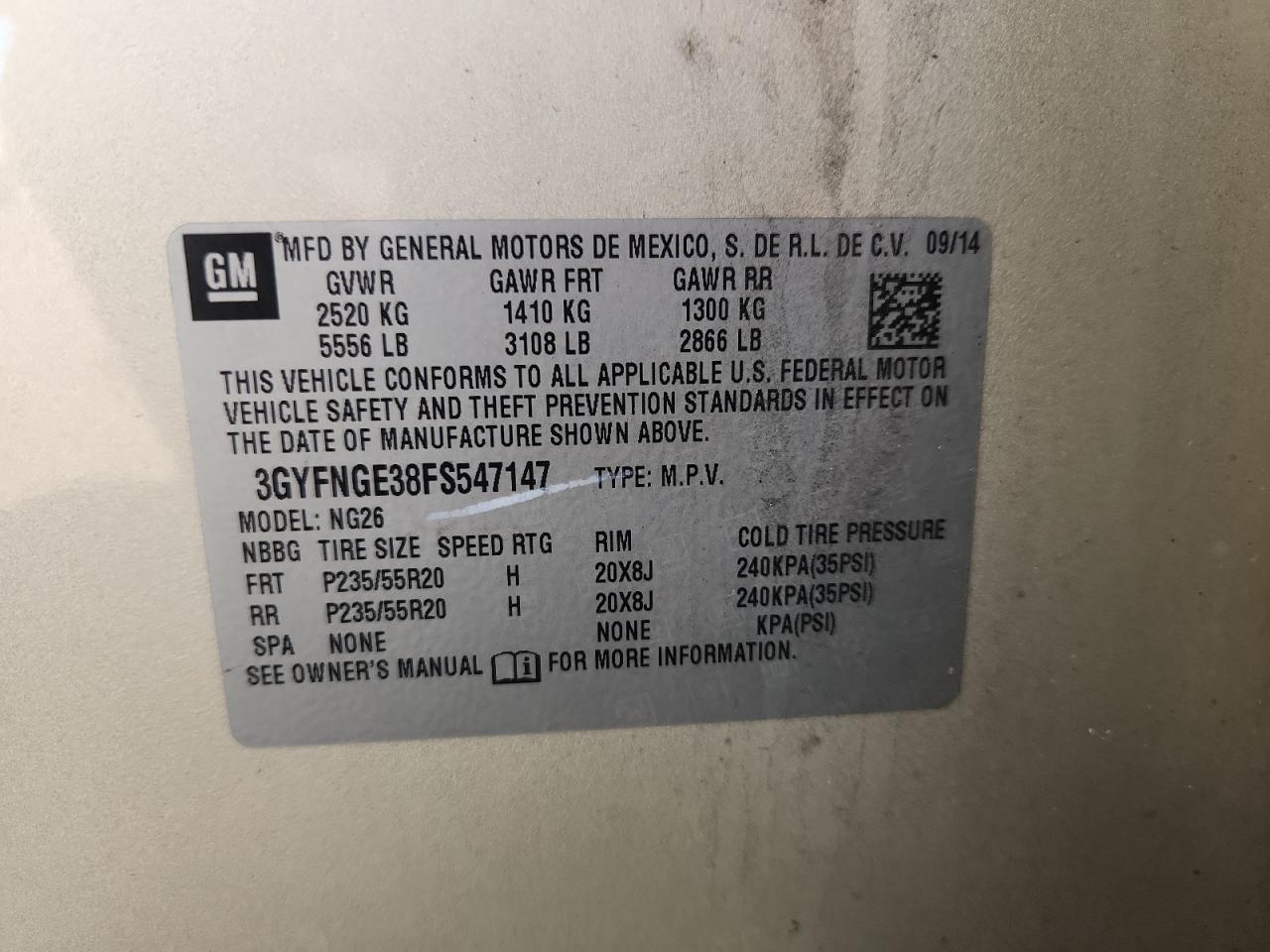 2015 Cadillac Srx Premium Collection VIN: 3GYFNGE38FS547147 Lot: 70882935