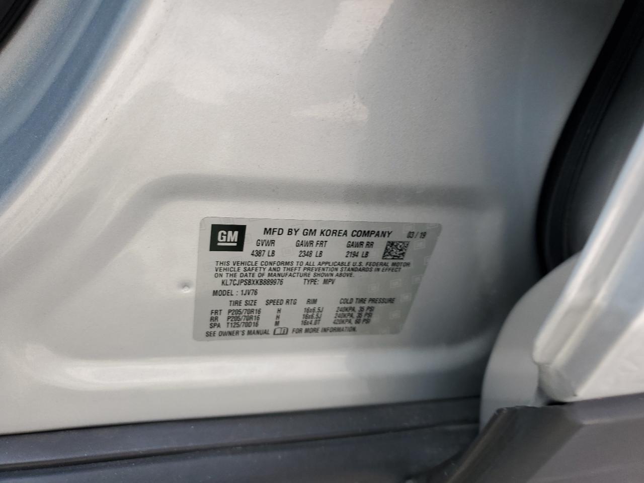 2019 Chevrolet Trax 1Lt VIN: KL7CJPSBXKB889976 Lot: 71781765