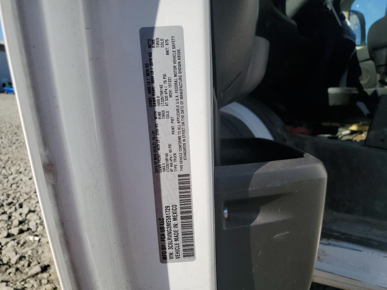 2021 Ram Promaster 1500 1500 Standard VIN: 3C6LRVNG3ME581729 Lot: 80524995