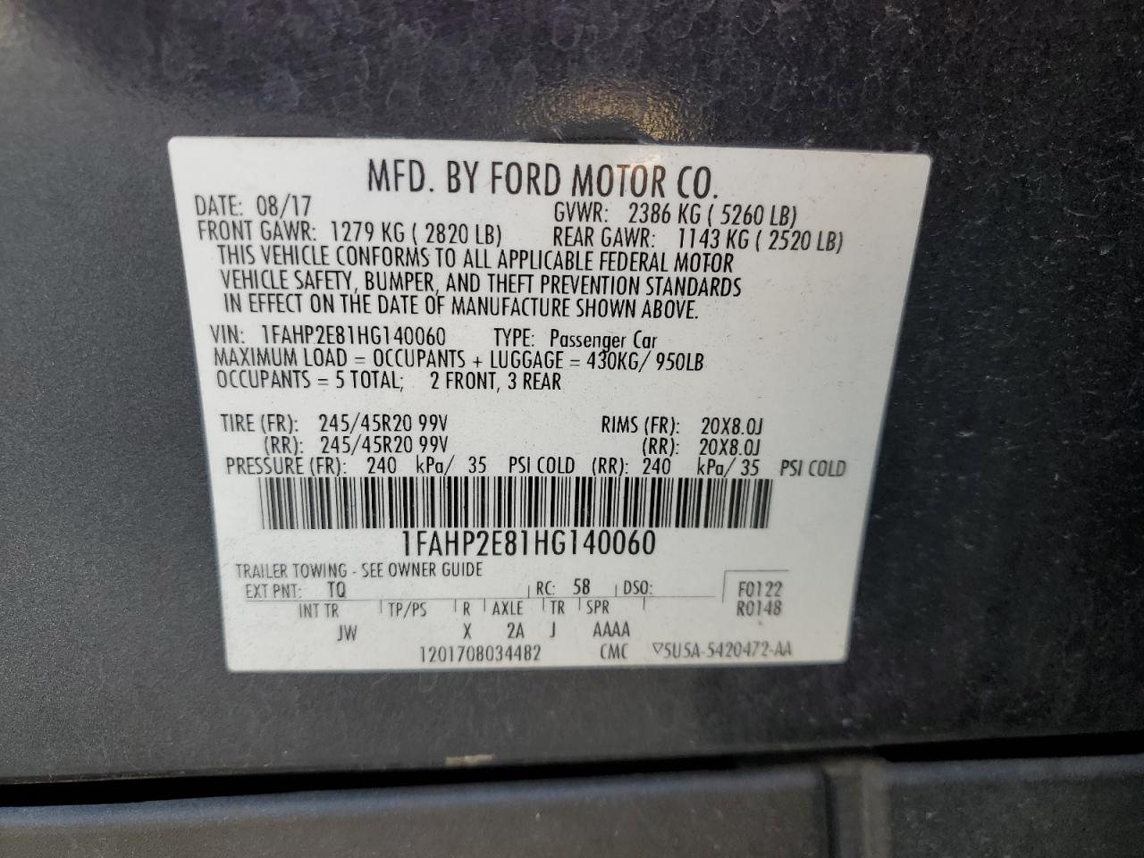 2017 Ford Taurus Sel VIN: 1FAHP2E81HG140060 Lot: 80864995