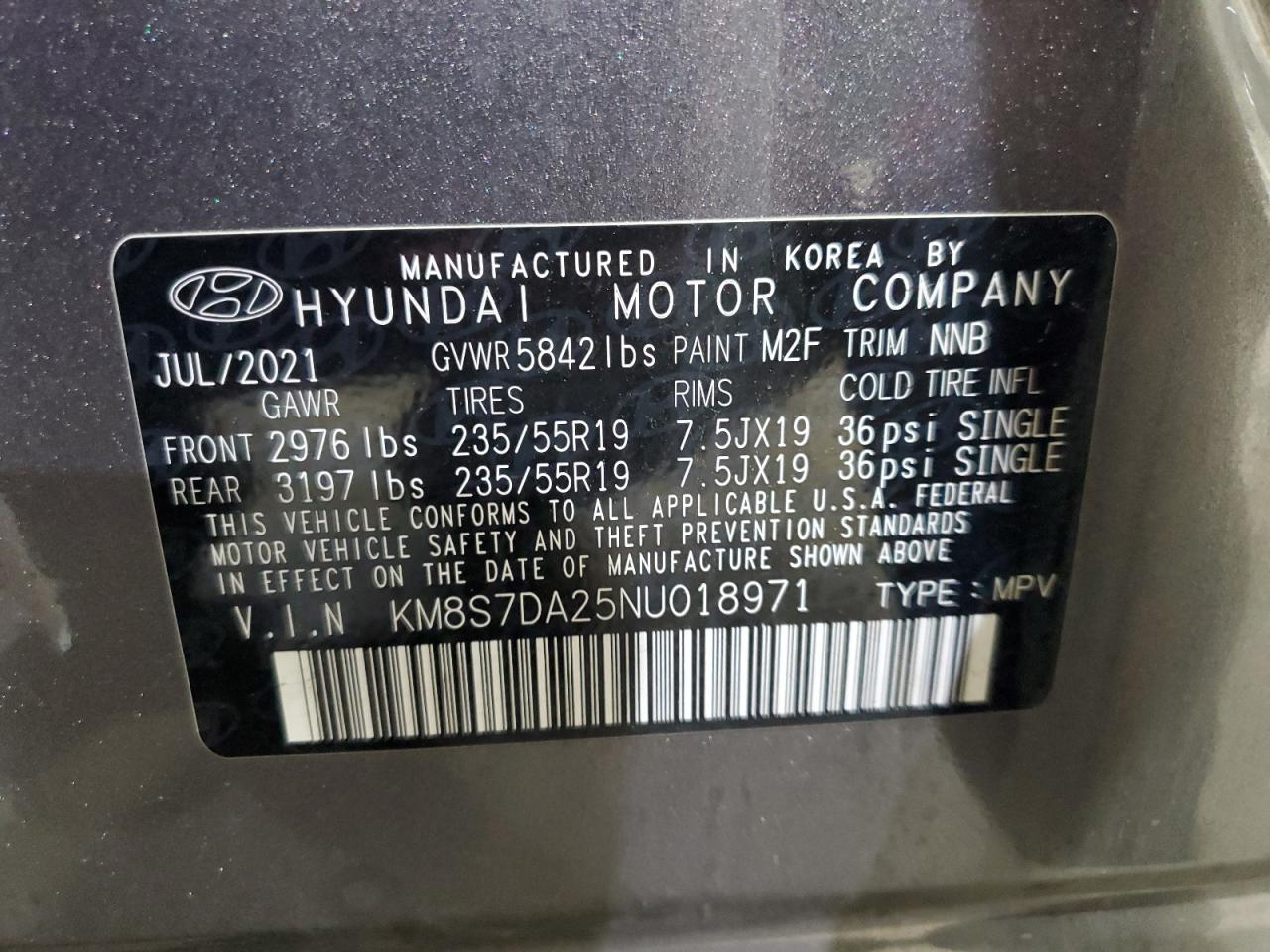2022 Hyundai Santa Fe Limited VIN: KM8S7DA25NU018971 Lot: 71785555