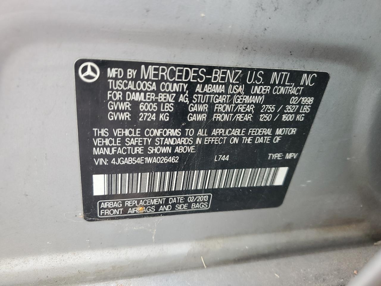 1998 Mercedes-Benz Ml 320 VIN: 4JGAB54E1WA026462 Lot: 71911535