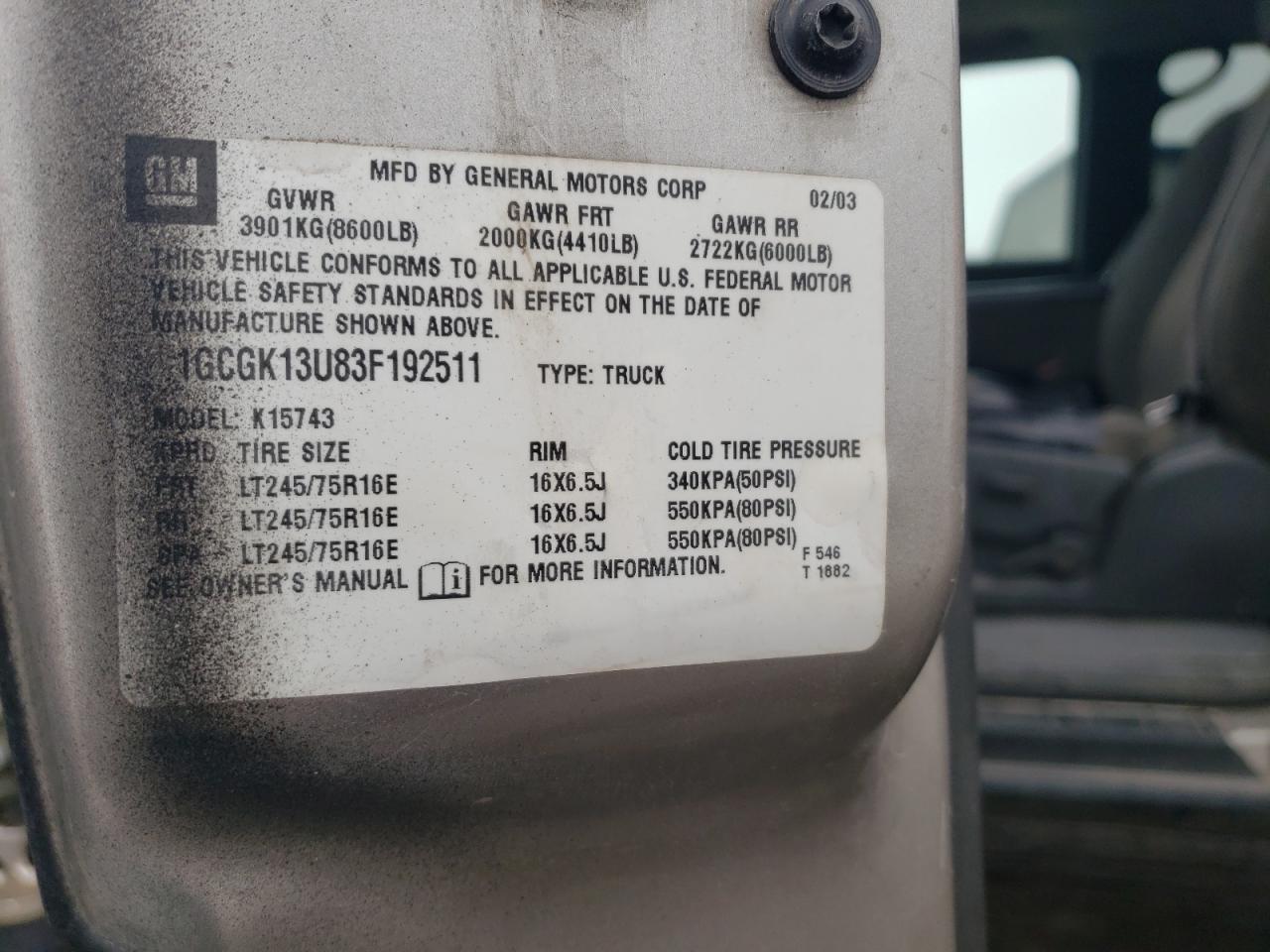 2003 Chevrolet Silverado K1500 Heavy Duty VIN: 1GCGK13U83F192511 Lot: 70490515