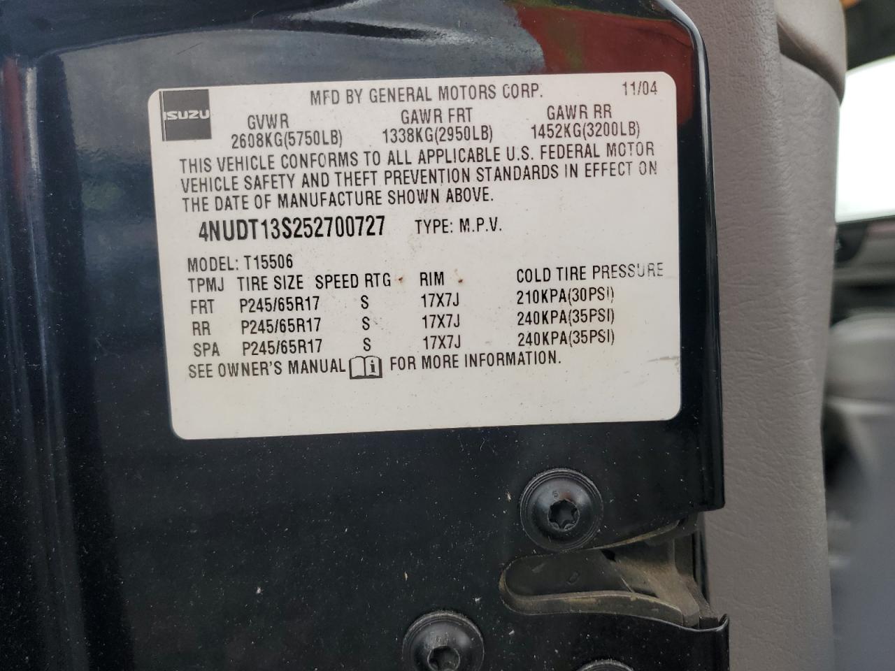 2005 Isuzu Ascender S VIN: 4NUDT13S252700727 Lot: 81817015