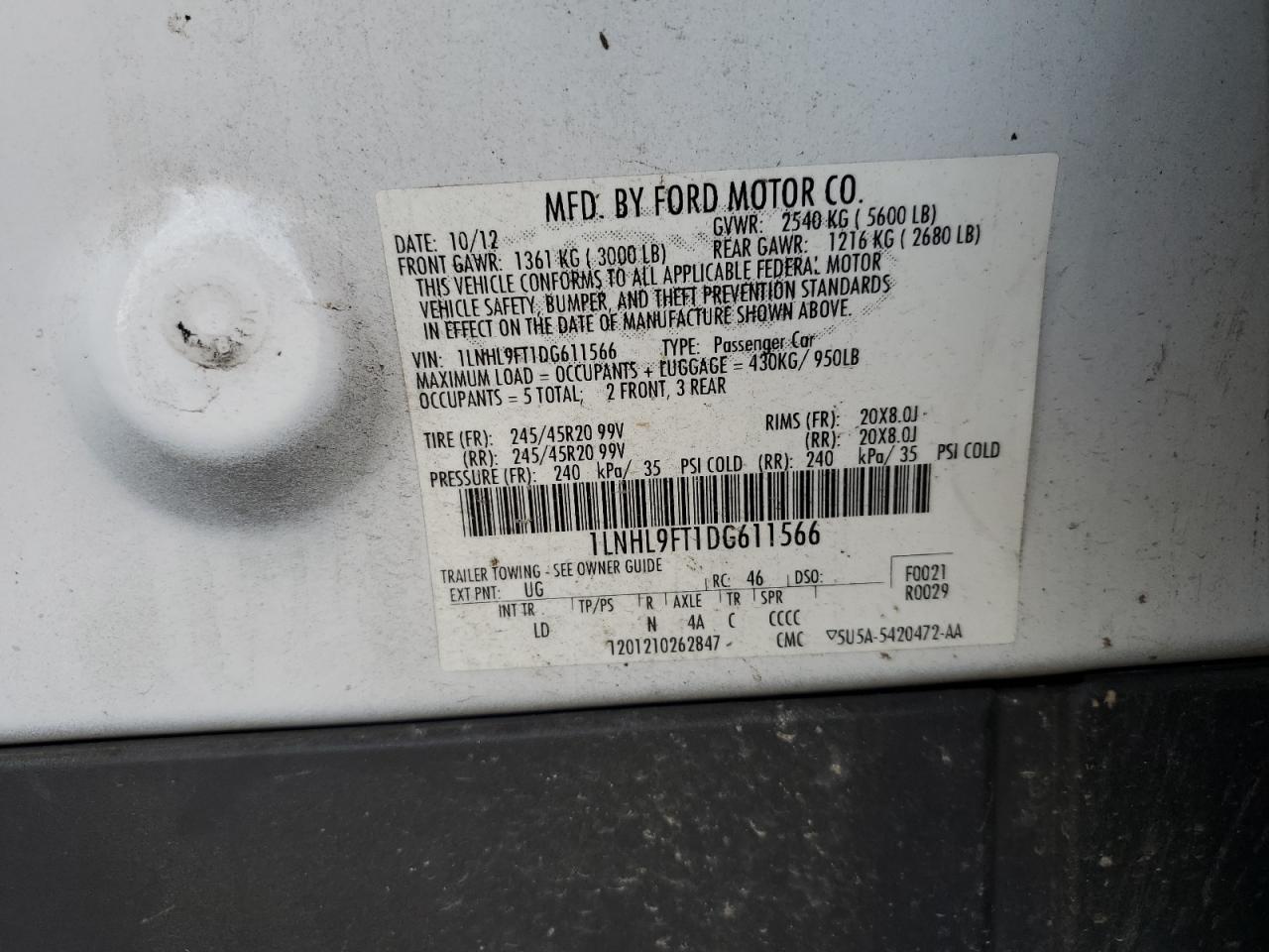 2013 Lincoln Mks VIN: 1LNHL9FT1DG611566 Lot: 81673805