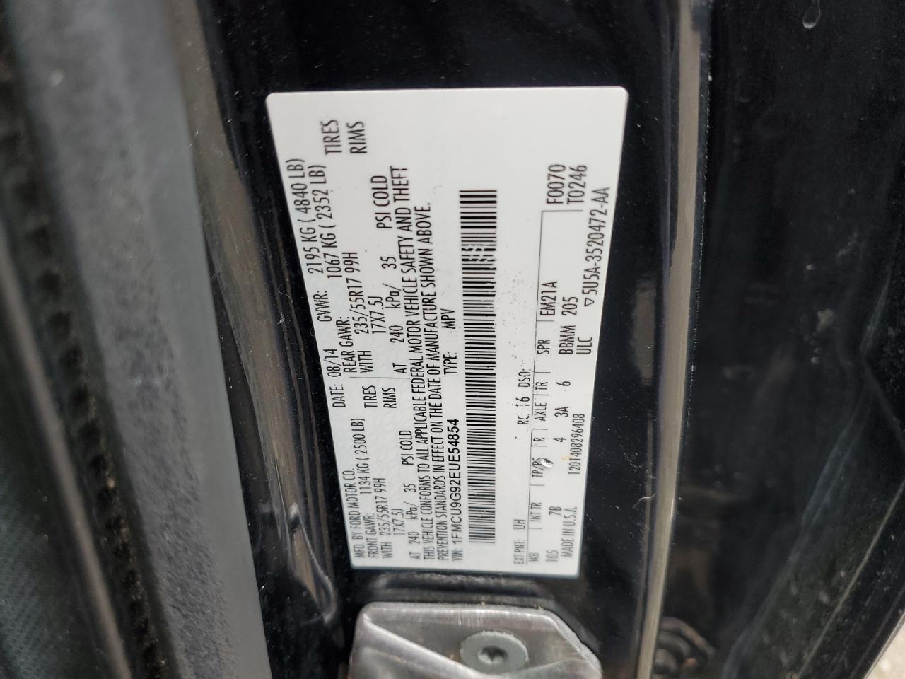 2014 Ford Escape Se VIN: 1FMCU9G92EUE54854 Lot: 83969925