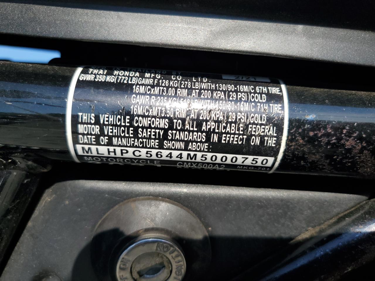 2021 Honda Cmx500 A2 VIN: MLHPC5644M5000750 Lot: 71240615