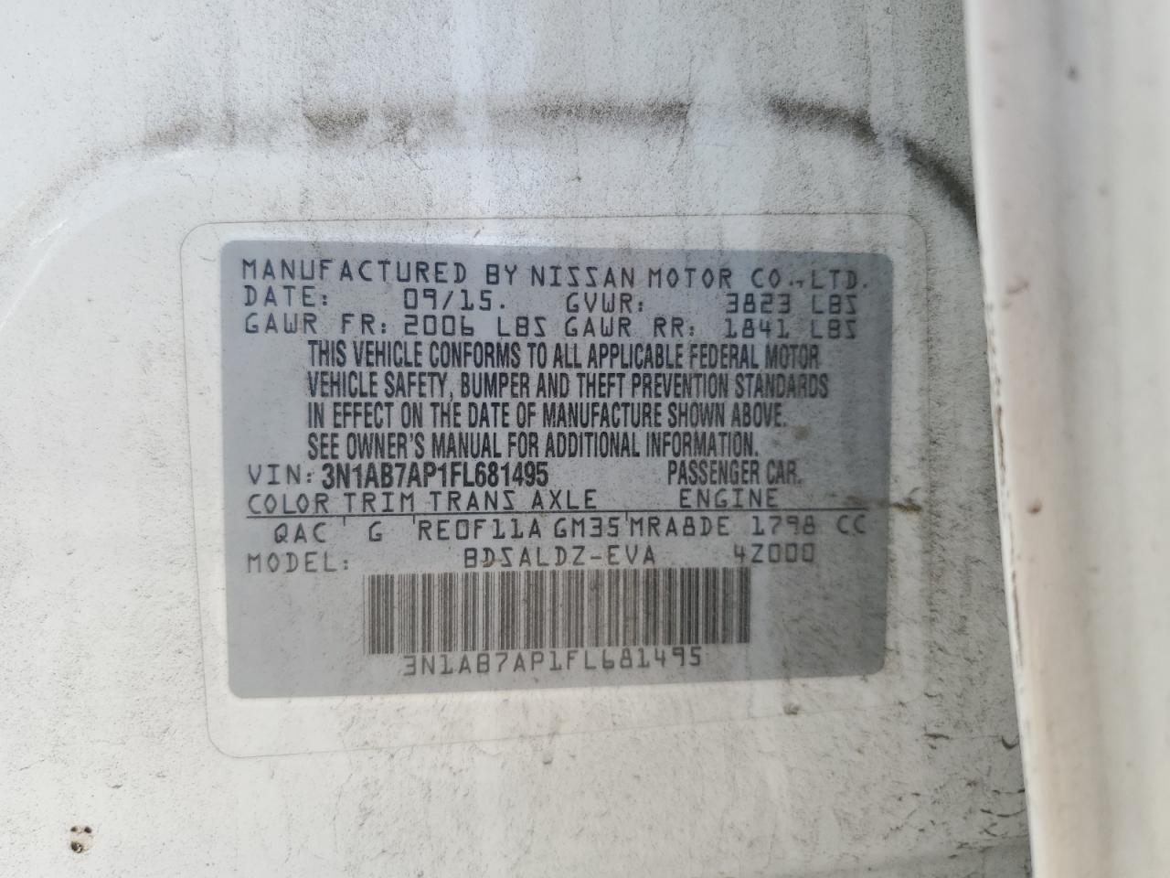 2015 Nissan Sentra S VIN: 3N1AB7AP1FL681495 Lot: 72075495