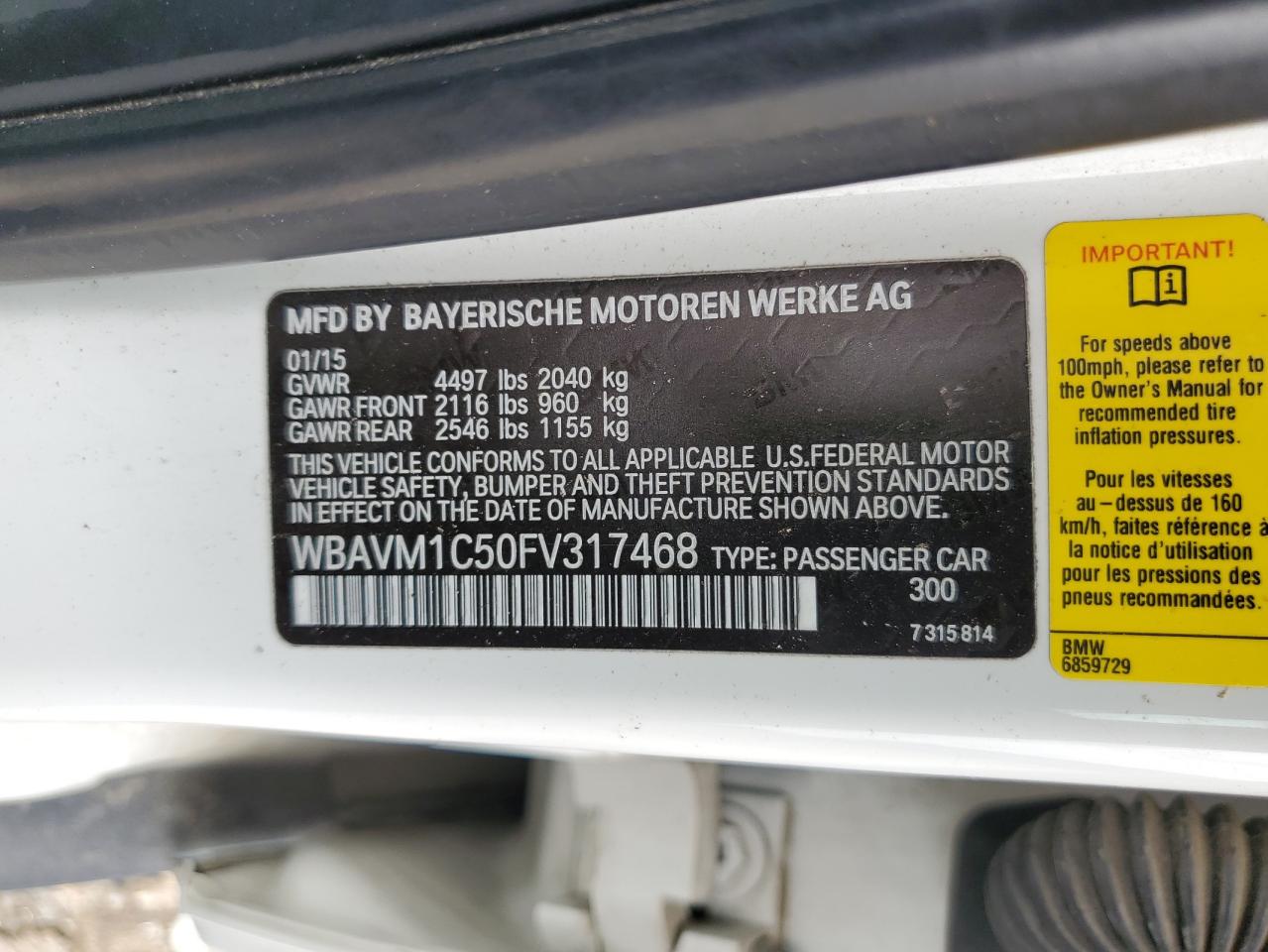 2015 BMW X1 Sdrive28I VIN: WBAVM1C50FV317468 Lot: 81526245