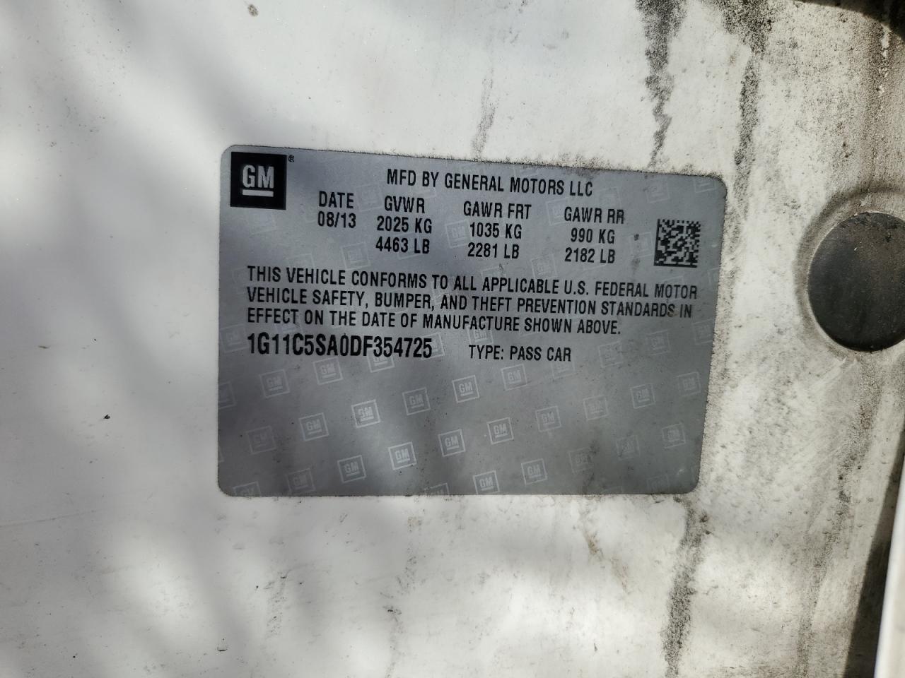 2013 Chevrolet Malibu 1Lt VIN: 1G11C5SA0DF354725 Lot: 71933355