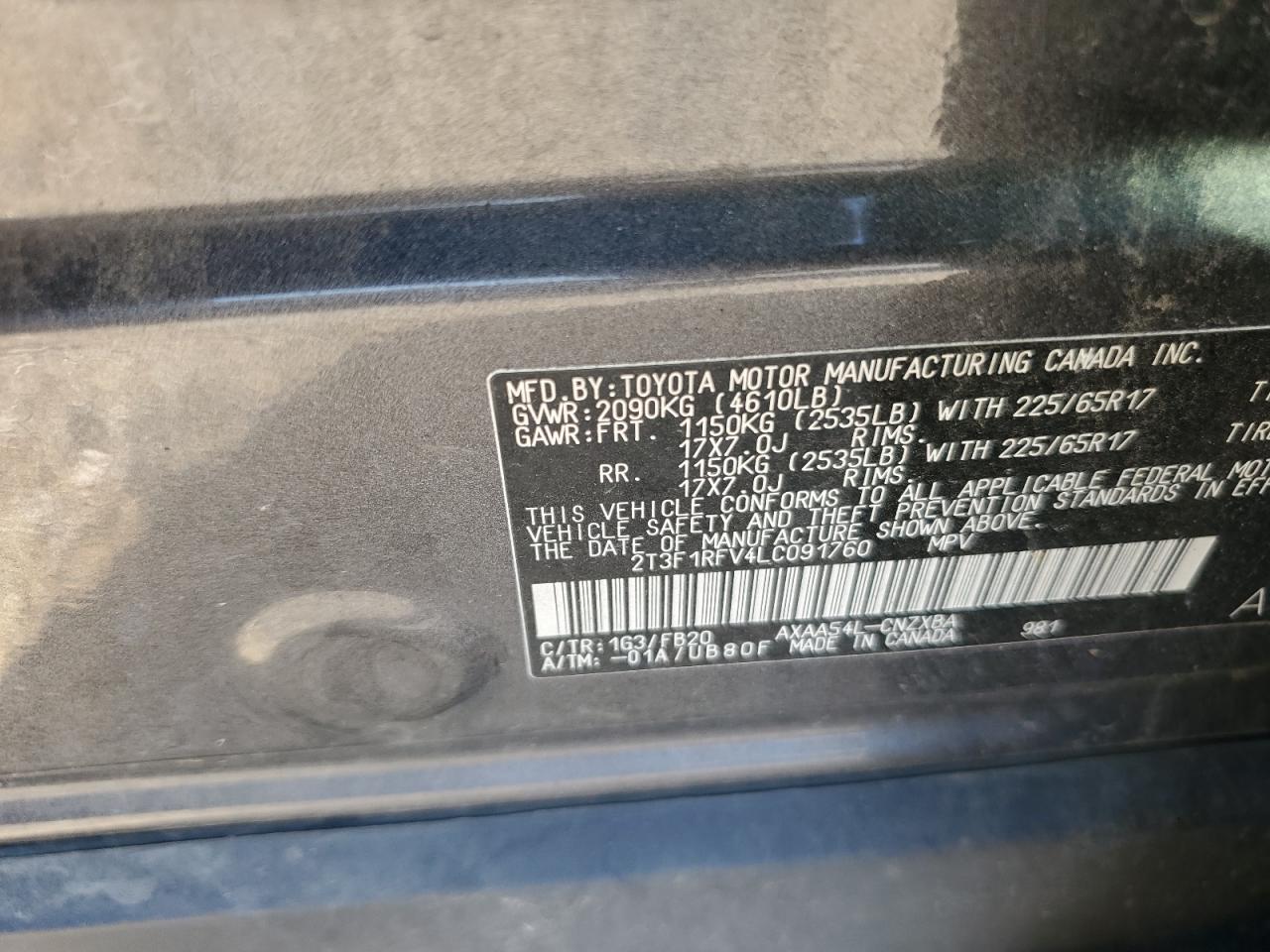 2020 Toyota Rav4 Le VIN: 2T3F1RFV4LC091760 Lot: 71546105