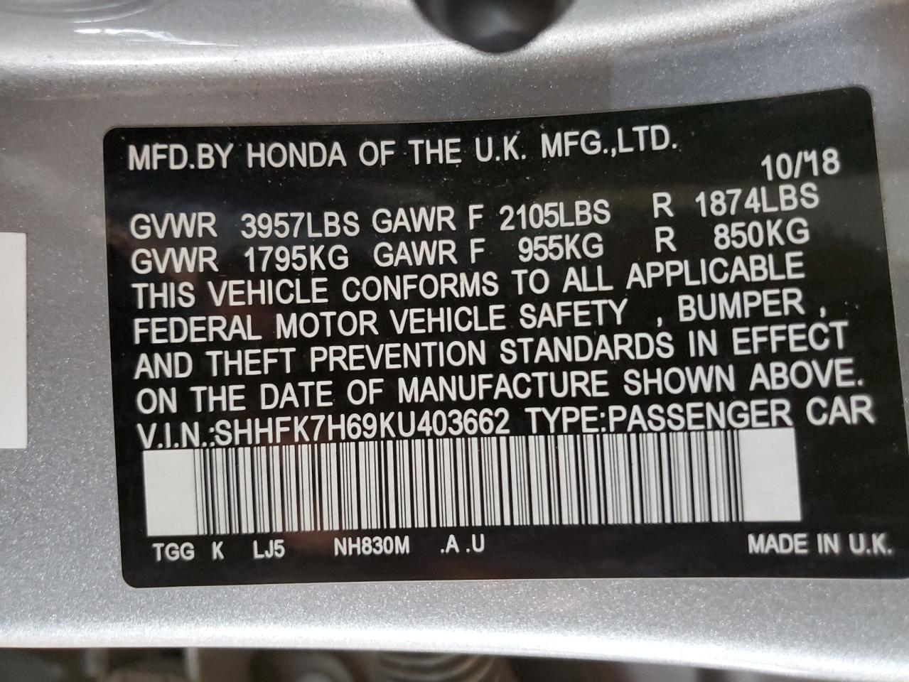 2019 Honda Civic Ex VIN: SHHFK7H69KU403662 Lot: 83887625