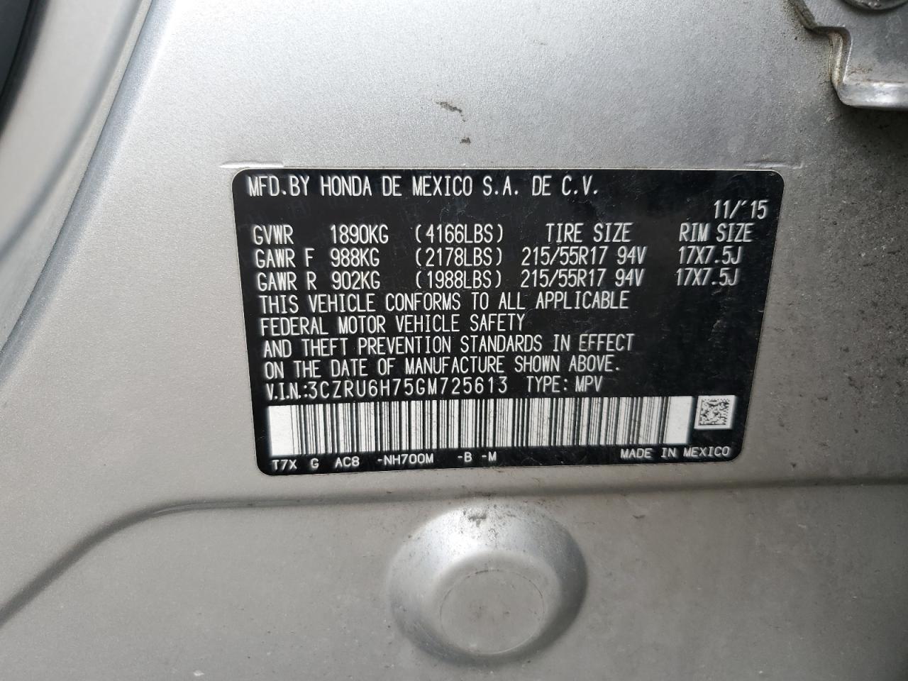 2016 Honda Hr-V Exl VIN: 3CZRU6H75GM725613 Lot: 81761675