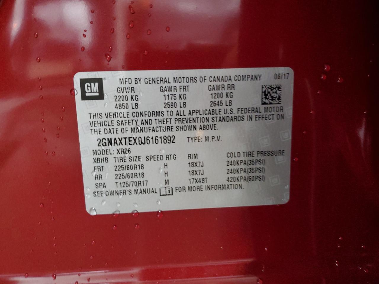 2018 Chevrolet Equinox Lt VIN: 2GNAXTEX0J6161892 Lot: 70624785