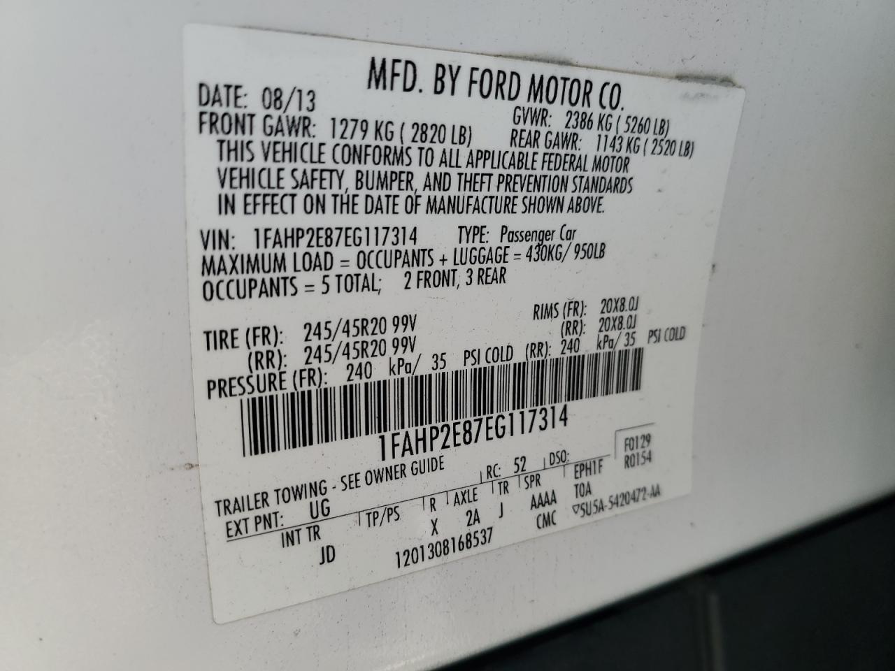 2014 Ford Taurus Sel VIN: 1FAHP2E87EG117314 Lot: 84837395