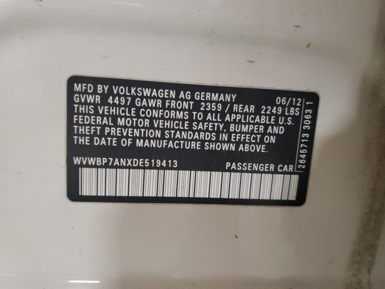 2013 Volkswagen Cc Sport VIN: WVWBP7ANXDE519413 Lot: 82121415