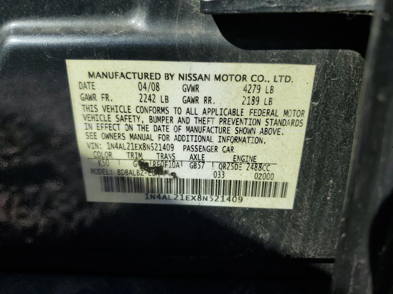 2008 Nissan Altima 2.5 VIN: 1N4AL21EX8N521409 Lot: 80681835