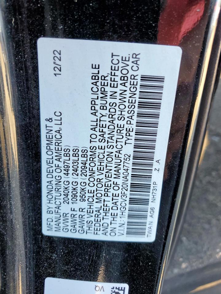 2022 Honda Accord Hybrid Sport VIN: 1HGCV3F20NA047752 Lot: 71603245