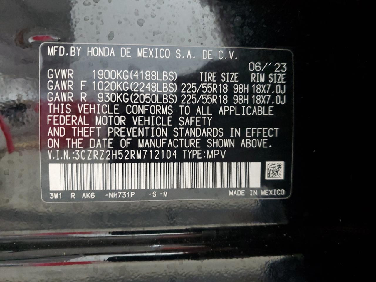 2024 Honda Hr-V Sport VIN: 3CZRZ2H52RM712104 Lot: 83973275