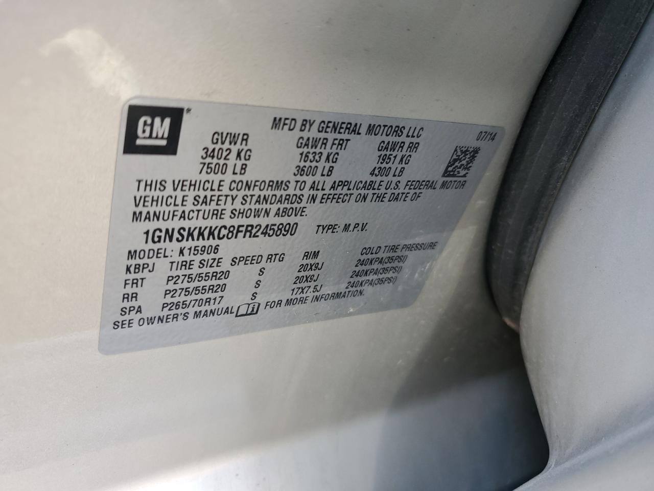 2015 Chevrolet Suburban K1500 Ltz VIN: 1GNSKKKC8FR245890 Lot: 80150495