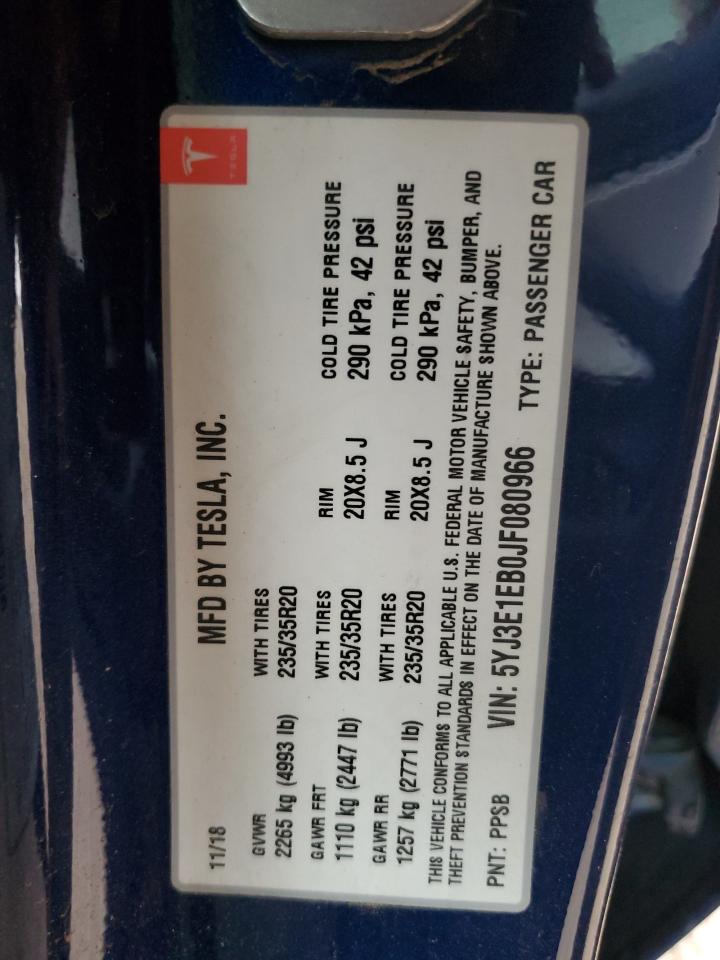 2018 Tesla Model 3 VIN: 5YJ3E1EB0JF080966 Lot: 71727355