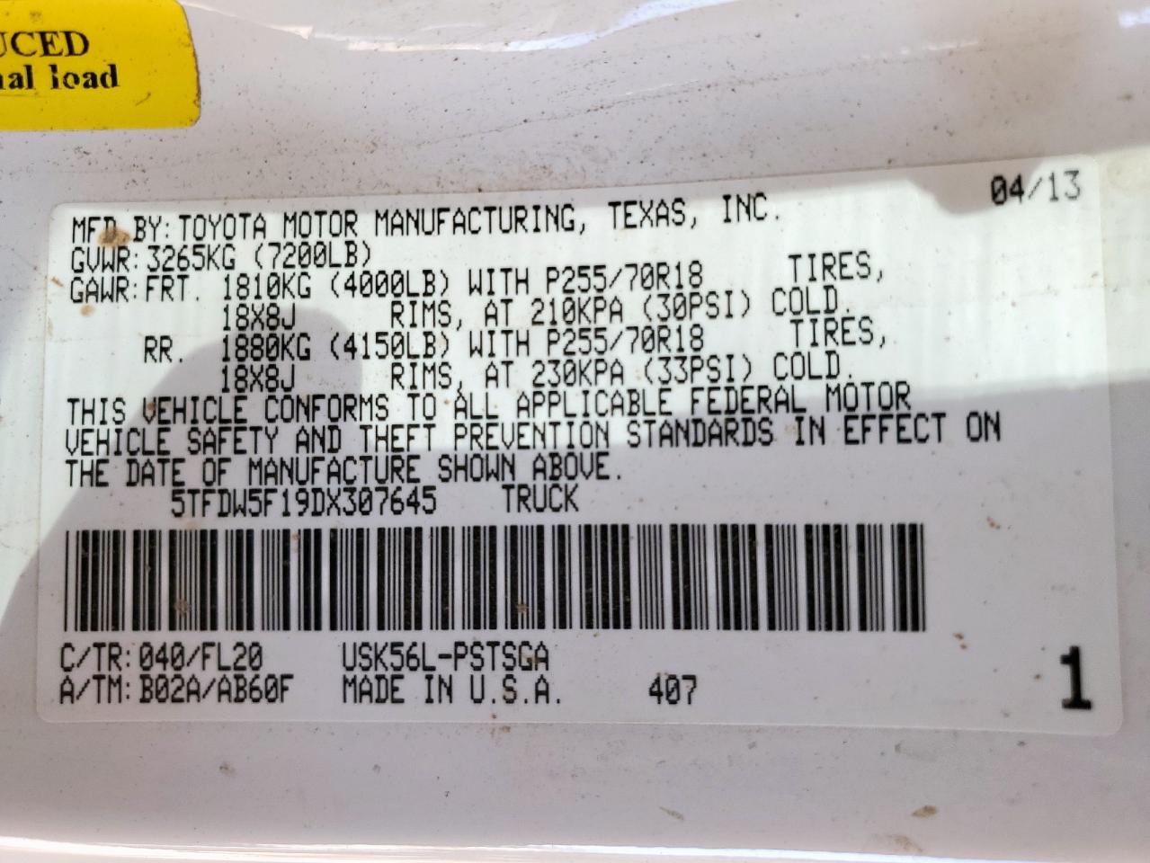 2013 Toyota Tundra Crewmax Sr5 VIN: 5TFDW5F19DX307645 Lot: 80357855