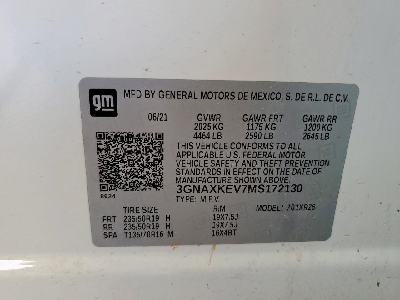 2021 Chevrolet Equinox Lt VIN: 3GNAXKEV7MS172130 Lot: 71823015