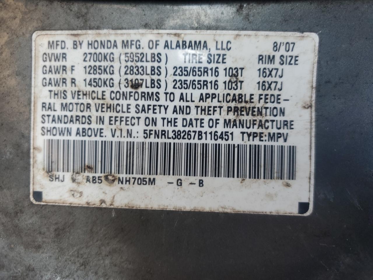 2007 Honda Odyssey Lx VIN: 5FNRL38267B116451 Lot: 71109835