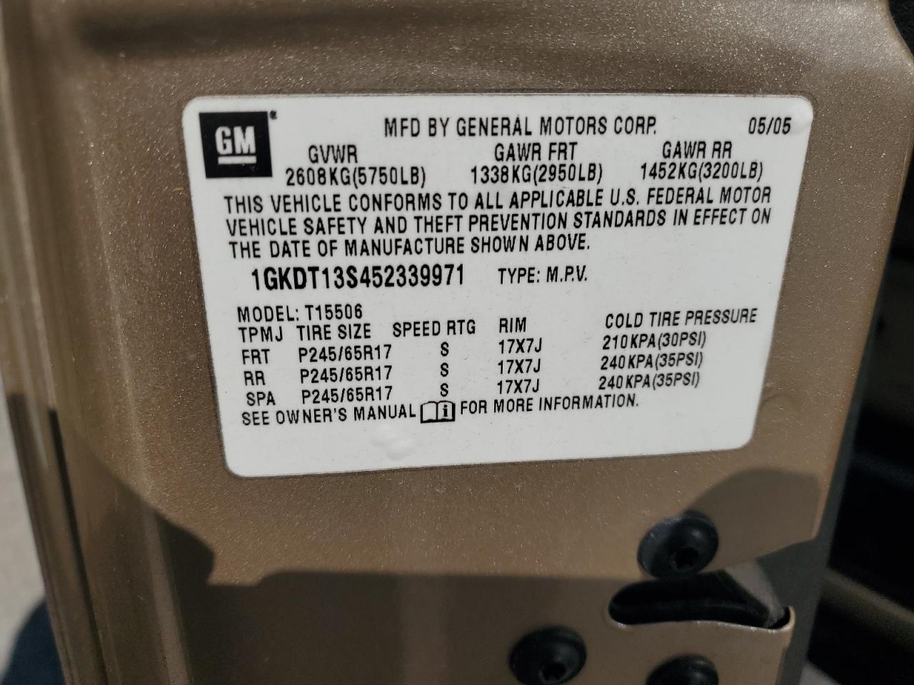 2005 GMC Envoy VIN: 1GKDT13S452339971 Lot: 81911005