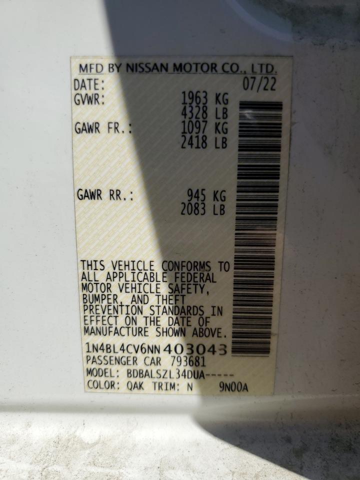 2022 Nissan Altima Sr VIN: 1N4BL4CV6NN403043 Lot: 71527915