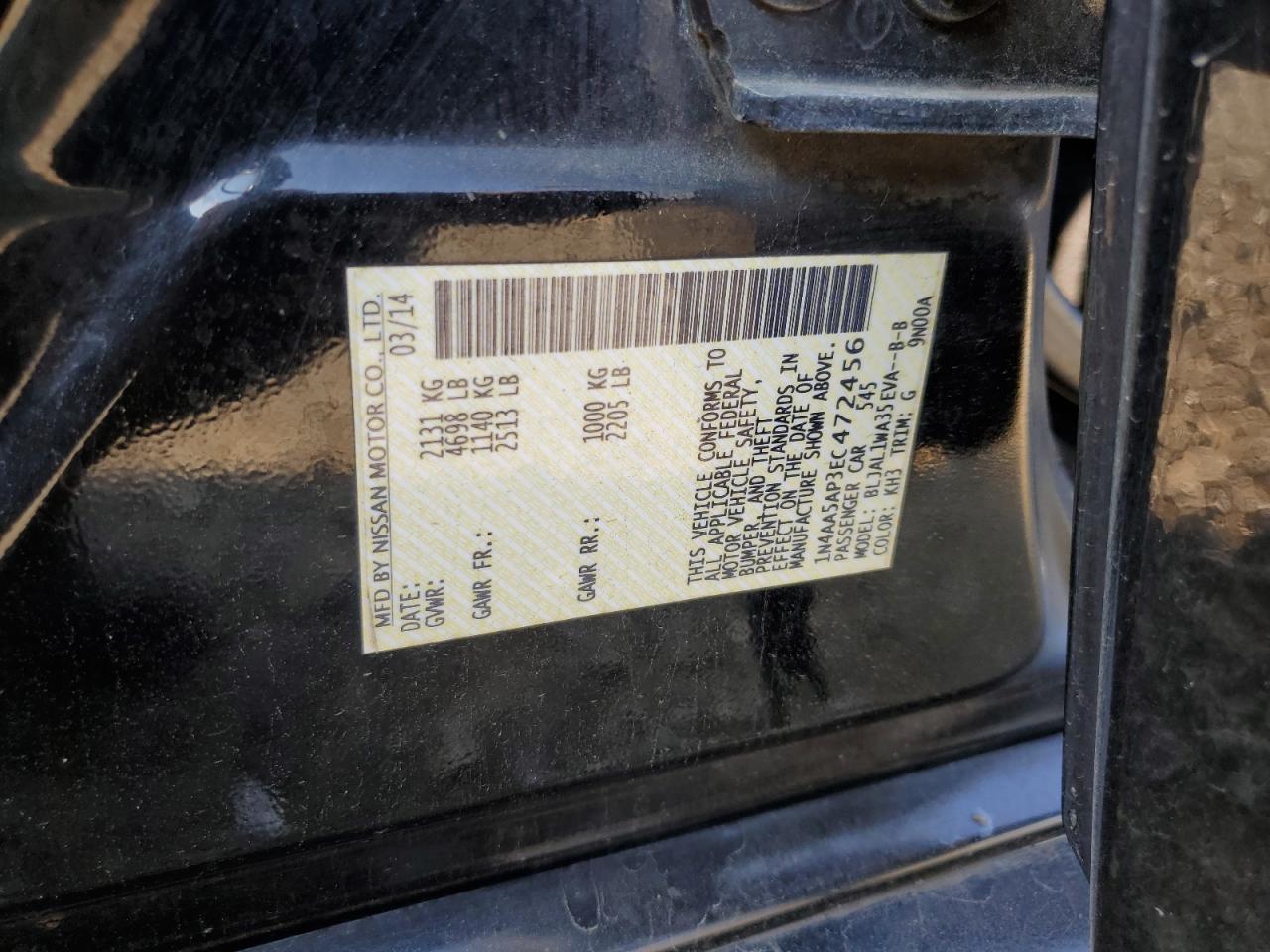 2014 Nissan Maxima S VIN: 1N4AA5AP3EC472456 Lot: 81245175