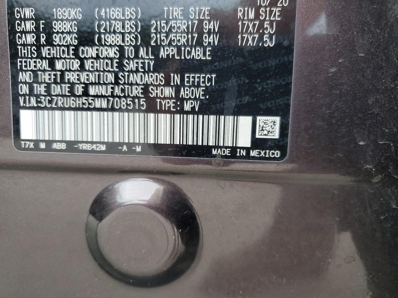 2021 Honda Hr-V Ex VIN: 3CZRU6H55MM708515 Lot: 70834925