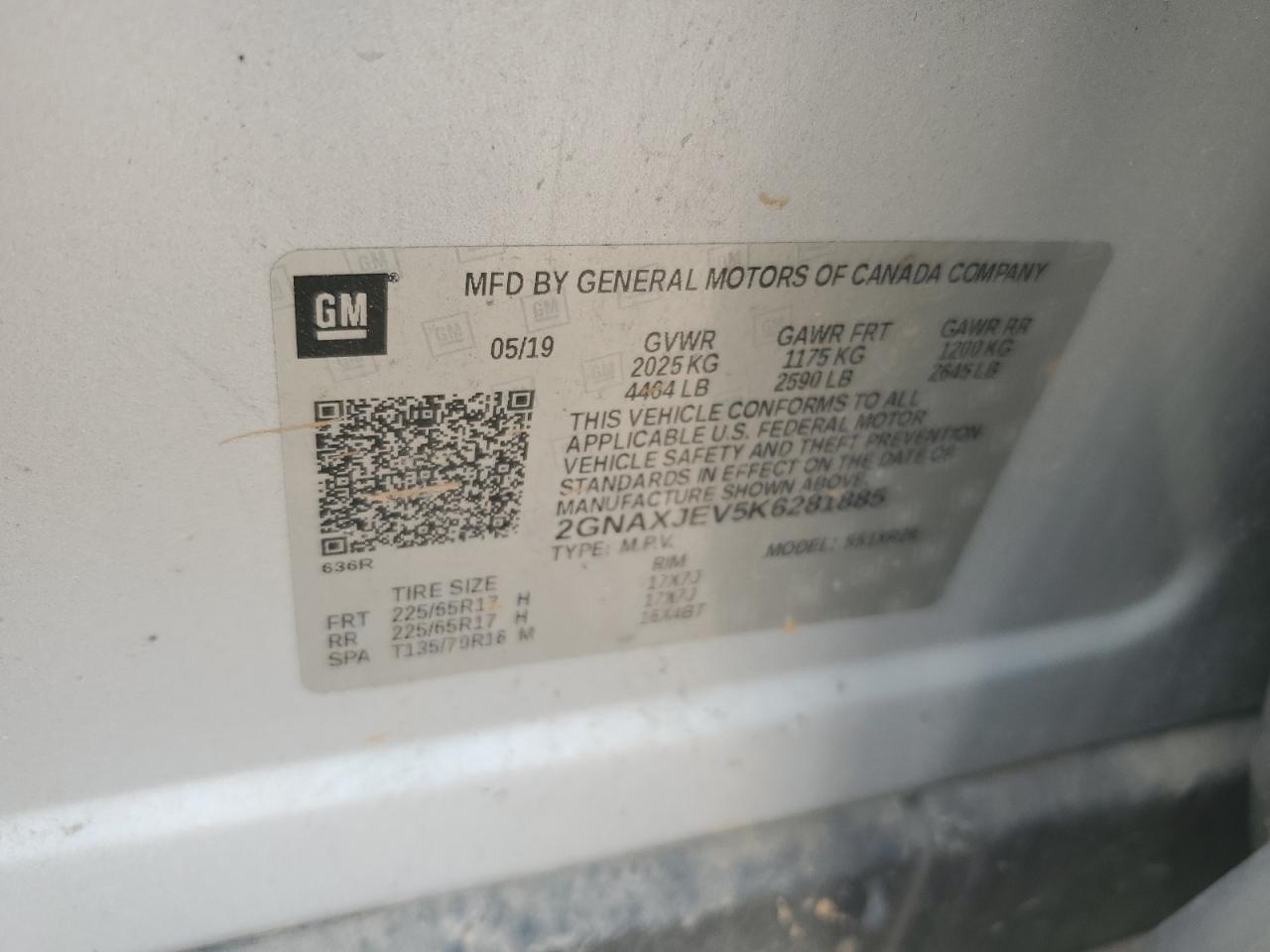 2019 Chevrolet Equinox Lt VIN: 2GNAXJEV5K6281885 Lot: 84059785