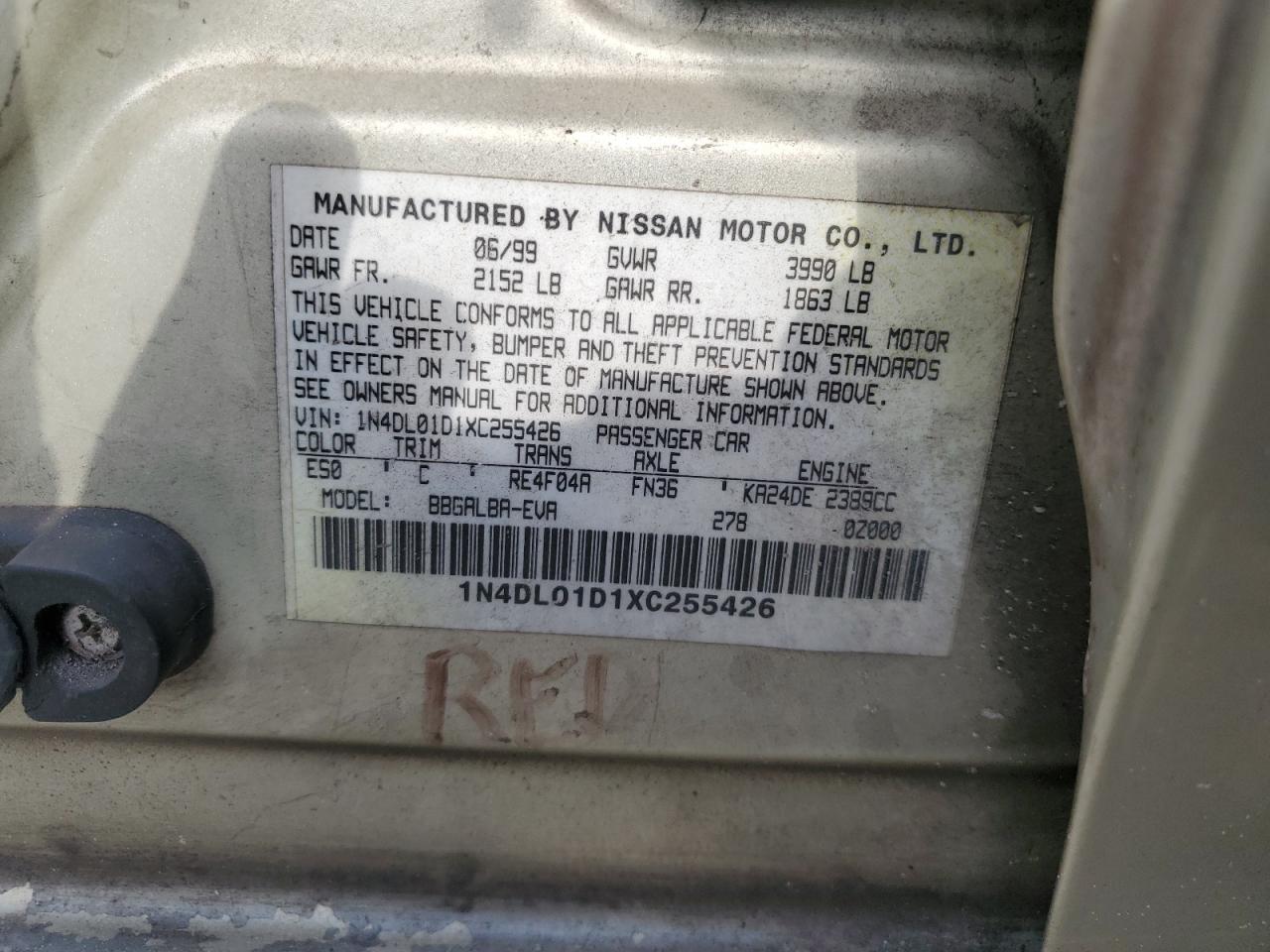 1999 Nissan Altima Xe VIN: 1N4DL01D1XC255426 Lot: 82110845