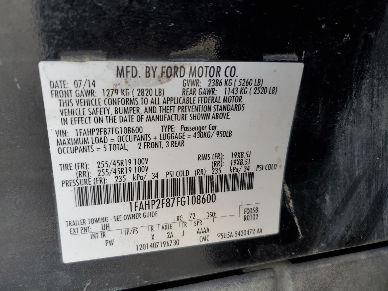 2015 Ford Taurus Limited VIN: 1FAHP2F87FG108600 Lot: 71060045