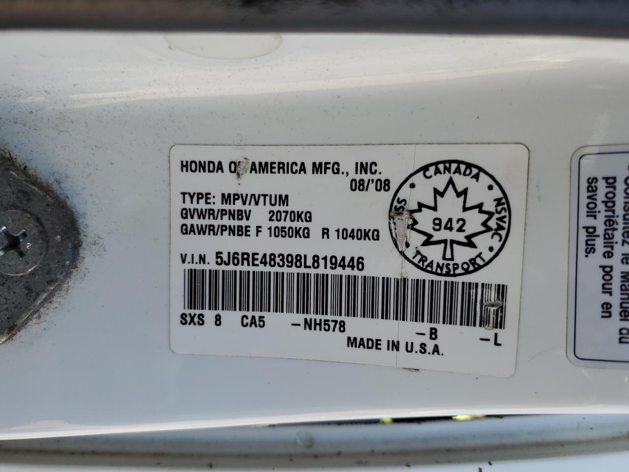 2008 Honda Cr-V Lx VIN: 5J6RE48398L819446 Lot: 71977105