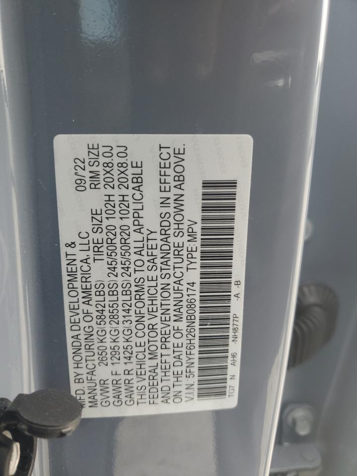 2022 Honda Pilot Se VIN: 5FNYF6H26NB086174 Lot: 80942765