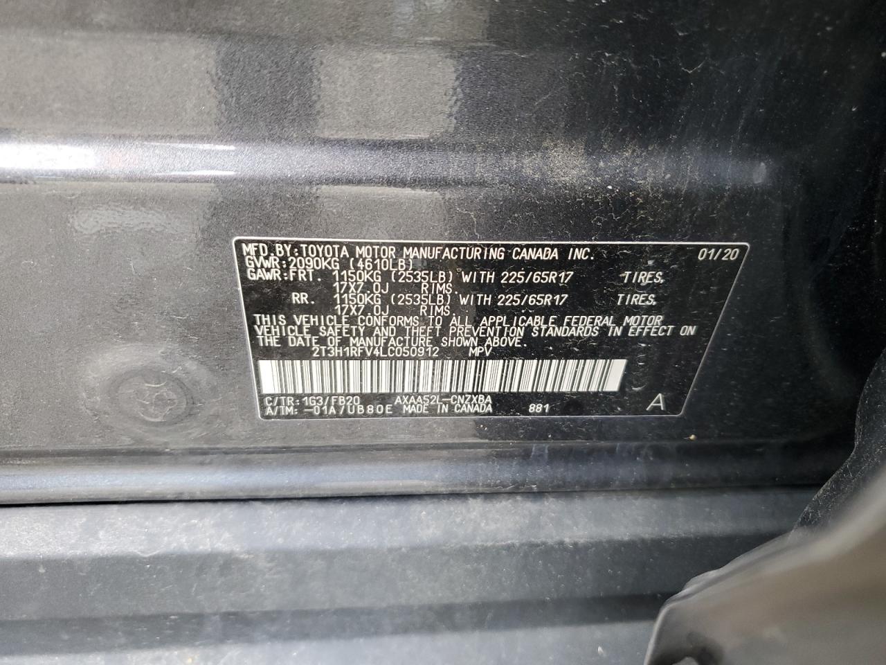 2020 Toyota Rav4 Le VIN: 2T3H1RFV4LC050912 Lot: 70526195