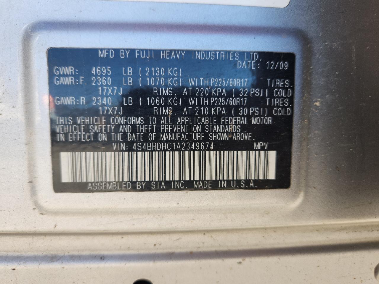 2010 Subaru Outback 3.6R Premium VIN: 4S4BRDHC1A2349674 Lot: 83841515