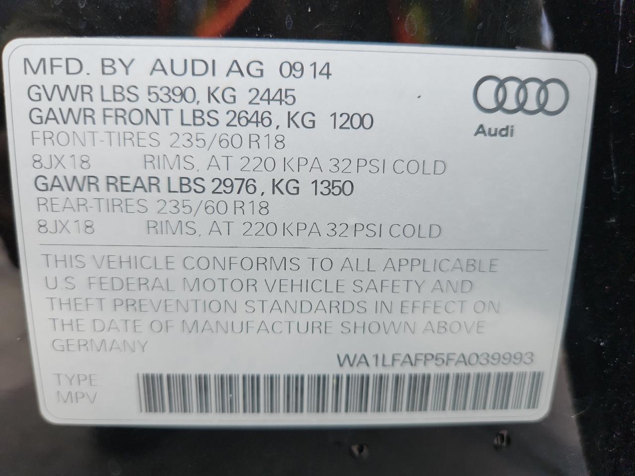 2015 Audi Q5 Premium Plus VIN: WA1LFAFP5FA039993 Lot: 80086485