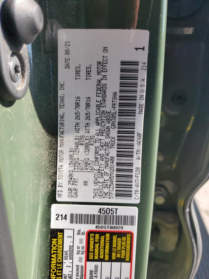 2021 Toyota Tacoma Double Cab VIN: 5TFCZ5AN5MX281400 Lot: 83818655