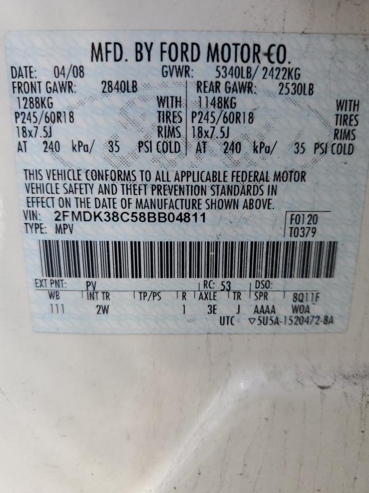 2008 Ford Edge Sel VIN: 2FMDK38C58BB04811 Lot: 72062135