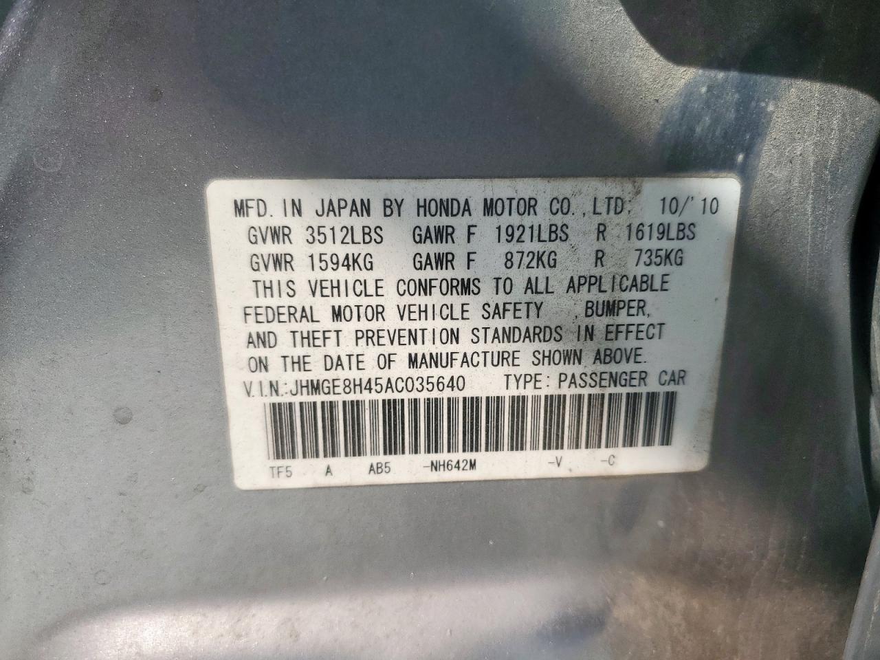 2010 Honda Fit Sport VIN: JHMGE8H45AC035640 Lot: 71568275